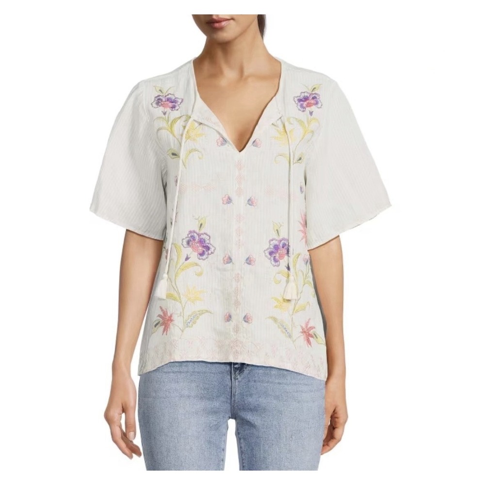 JOHNNY WAS Calista Floral Embroidered Linen Blouse Tassels Small Resort Beach‎